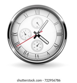Clock. Metal chronograph with roman numerals. Vector 3d illustration isolated on white background