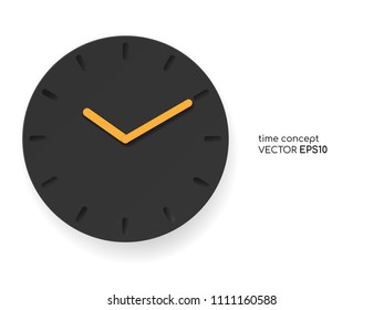 Clock minimal design black dial face and yellow arrow hanging on white wall with the shadow for vector design element or icon. 