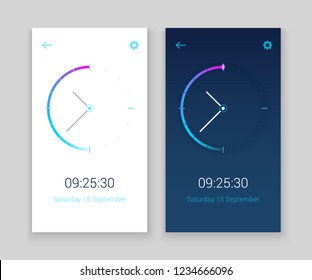 Clock mobile app concept UI design day and night. Clock user interface time vector widget design modern technology.