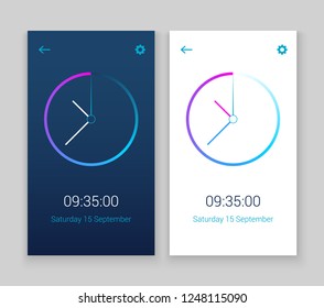 Clock mobile app concept UI design day and night. Clock user interface time vector widget design modern technology.