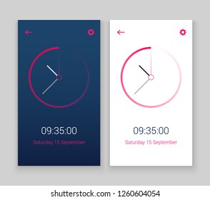 Clock mobile app concept UI design day and night. Clock user interface time vector widget design modern technology.