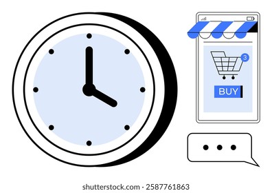 A clock, a mobile device with shopping cart and buy button, and a chat bubble are visible. Ideal for e-commerce, online services, time management, digital marketing, customer support. Simple modern