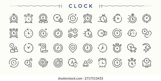 Reloj moderno conjunto de iconos. Iconos mínimos de colección. Colecciones de trazo editables. Conjunto de iconos lineales de notificación. Contiene símbolos de contorno como alarma, alerta, alarma de incendio y más.