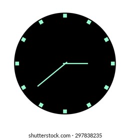 Clock in a modern style flat design with blue neon green squares instead of numbers on a black background color.