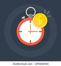 The clock with a monetary coin above it is depicted on a blue background. Shadow by object.