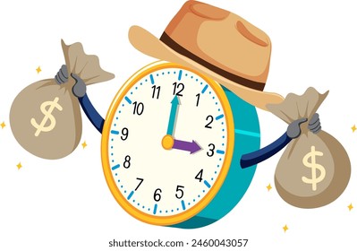 Clock with money bags and a cowboy hat