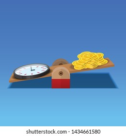 Clock and money balance on the scale,Compare time and money concept.
