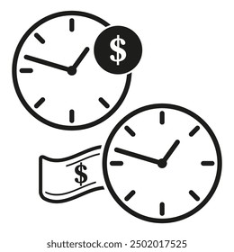 Uhrgeld-Symbol. Dollar-Zeitvektor. Finanzkonzept. Einfaches, schwarzes Design.