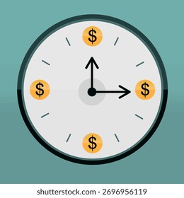 clock with money icon in vector. Illustration symbol of time, investment, profit, goal, challenges