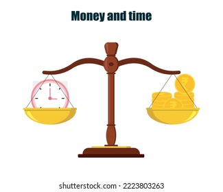 Clock and money on balance scales time is money concept vector illustration