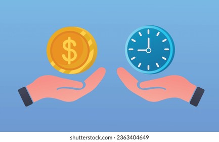 Clock and money on hand scales. Annual revenue, financial investment, savings, bank deposit, future income, money benefit. Time is money concept.on blue background.Vector Design Illustration.