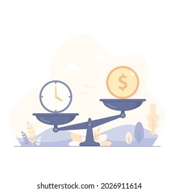 Reloj y dinero en la escala vectorial de ilustración plana. Planificación y Tiempo es concepto de dinero.