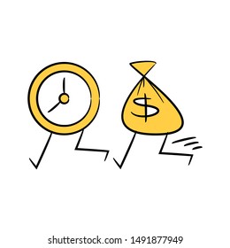 clock and money sack running together stick figure