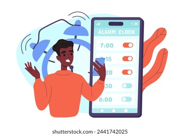 Clock in morning concept. Man with smartphone alarms. Correct daily regime and routine, healthy lifestyle. Mobile application. Cartoon flat vector illustration isolated on white background