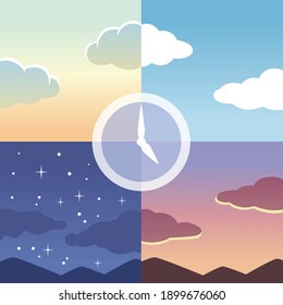 Clock with morning, noon, evening and night in the background