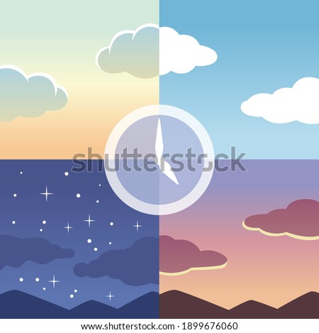 Clock with morning, noon, evening and night in the background