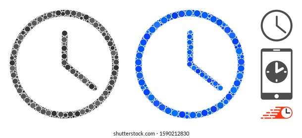 Clock mosaic of filled circles in different sizes and shades, based on clock icon. Vector random circles are combined into blue mosaic. Dotted clock icon in usual and blue versions.