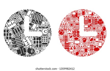 Clock mosaic icons combined for bigdata illustrations. Vector clock mosaics are combined from computer, calculator, connections, wi-fi, network icons into abstract illustration. Usual and red colors.