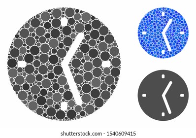 Clock mosaic of small circles in various sizes and color tints, based on clock icon. Vector small circles are composed into blue mosaic. Dotted clock icon in usual and blue versions.