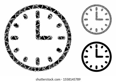Clock mosaic of tuberous parts in variable sizes and color tones, based on clock icon. Vector ragged parts are grouped into mosaic. Clock icons collage with dotted pattern.