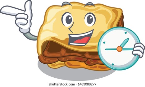 With clock moussaka is cooked in cartoon pan