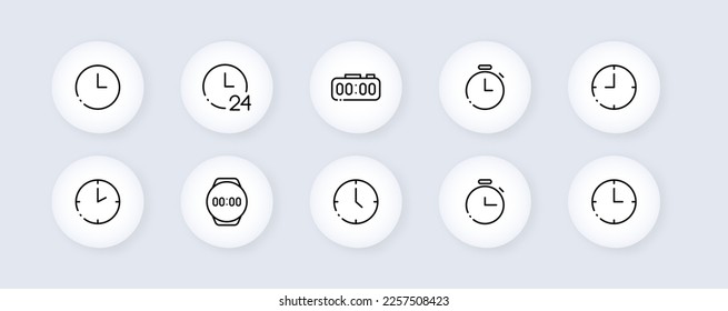 Clock neomorphic line icons set. Call, appeal, timer, stopwatch, deadline, speed, available, communication, help, call center, around the clock. business concept. Vector neomorphic line icons set