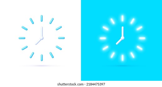 Clock Neon 3d vector icon. Circle clock icon. Digital illustration. Time clock. Vector illustration