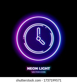 Clock neon light line art vector icon. Outline symbol of time. Watch pictogram made of thin stroke. Isolated on background.