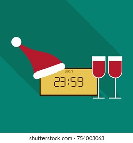 Clock With New Year 2018 with Santa`s hat and twoglasses of wine