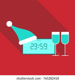 Clock With New Year 2018 with Santa`s hat and two glasses of wine