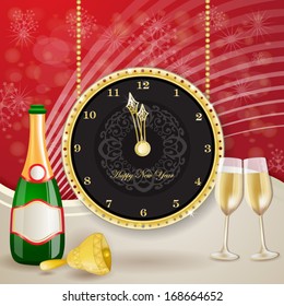 Clock for new year with champagne and bell