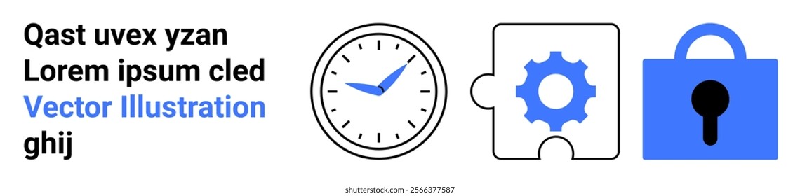 Clock next to a gear piece puzzle and blue padlock icon. Ideal for themes of time management, security, problem-solving, productivity, and digital safety. Landing page