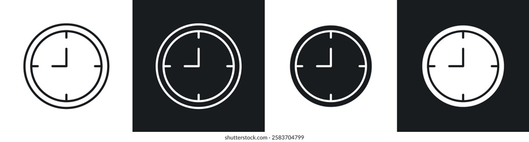 Clock nine icons collection in black and white filled and line versions