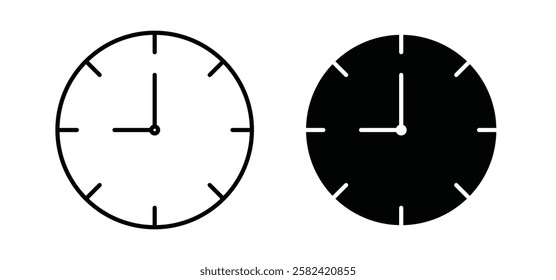 Clock nine icons pack vectors in black flat and strokes