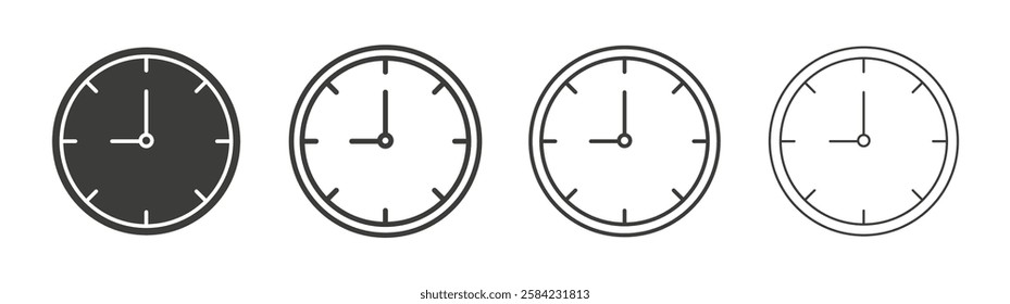Clock nine icons set. Liner outlined and flat black color