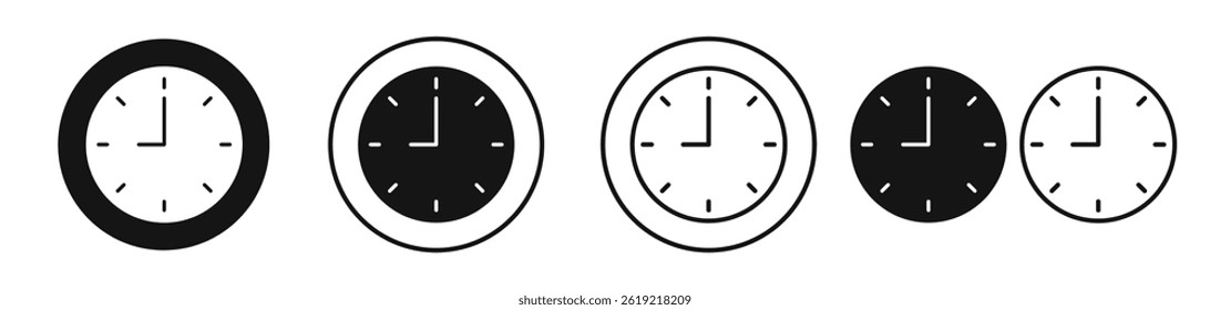 Clock nine icons set in solid black and stroke line style