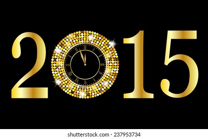 clock and numbers 2015 year on a black background with gold spangles,  vector  illustration