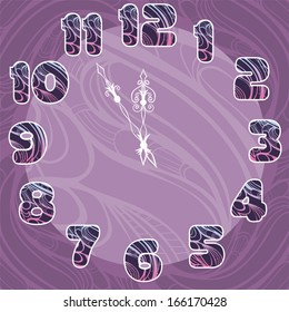 Clock Numbers Set. Illustration of clock shows five minutes before midnight. Ornate colorful numbers set.