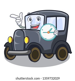 With clock old car isolated in the cartoon