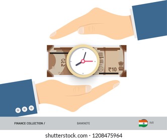 Clock on 10 Indian Rupee Banknote. Flat style vector illustration. Time and Business concept.