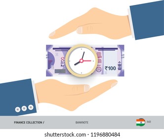 Clock on 100 Indian Rupee Banknote. Flat style vector illustration. Time and Business concept.