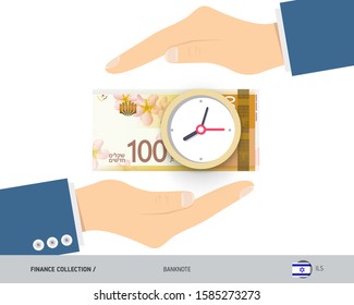 Clock on 100 Israeli New Shekel Banknote. Flat style vector illustration. Time and Business concept.