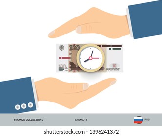 Clock on 100 Russian Ruble Banknote. Flat style vector illustration. Time and Business concept.