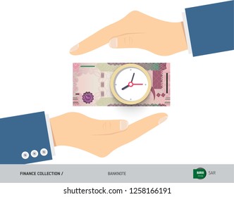Clock on 100 Saudi Arabia Riyal Banknote. Flat style vector illustration. Time and Business concept.