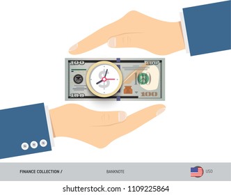 Clock on 100 US Dollar Banknote. Flat style vector illustration. Time and Business concept.