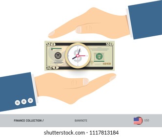 Clock on 20 US Dollar Banknote. Flat style vector illustration. Time and Business concept.