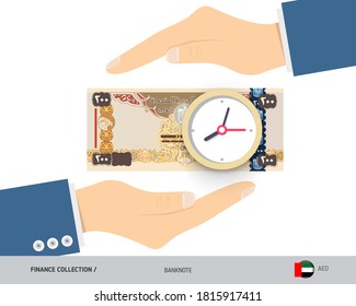 Reloj del billete Dirham de 200 Emiratos Árabes Unidos. Ilustración vectorial de estilo plano. El concepto de tiempo y negocios.