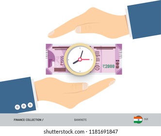 Clock on 2000 Indian Rupee Banknote. Flat style vector illustration. Time and Business concept.