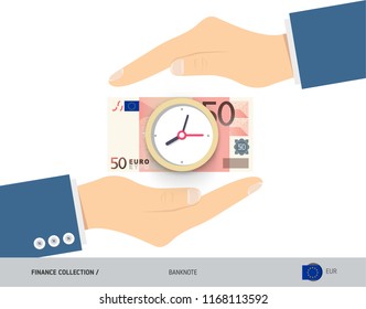 Clock on 50 Euro Banknote. Flat style vector illustration. Time and Business concept.
