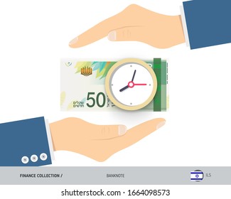 Clock on 50 Israeli New Shekel Banknote. Flat style vector illustration. Time and Business concept. 
